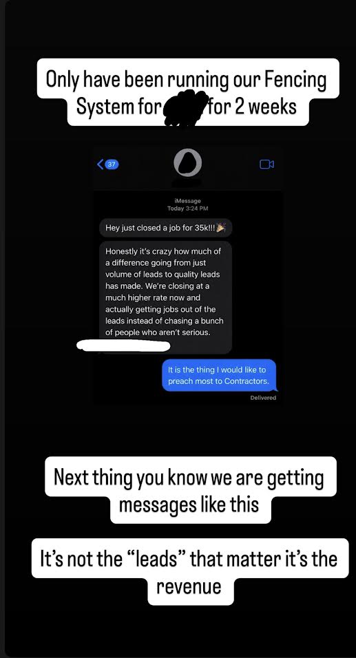 Fencing client text announcing a $35,000 job closed two weeks after starting with Vera