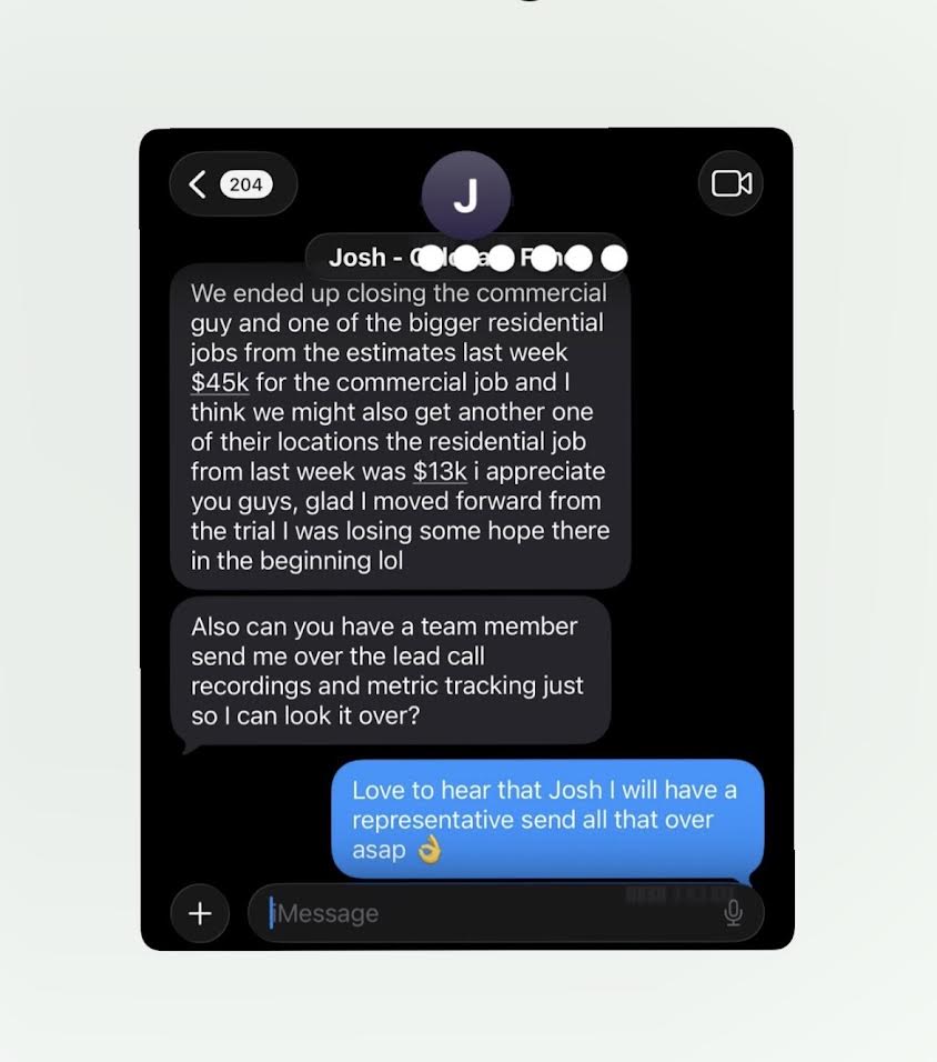 Client text confirming a $45,000 commercial job and a $13,000 residential job closed from Vera estimates
